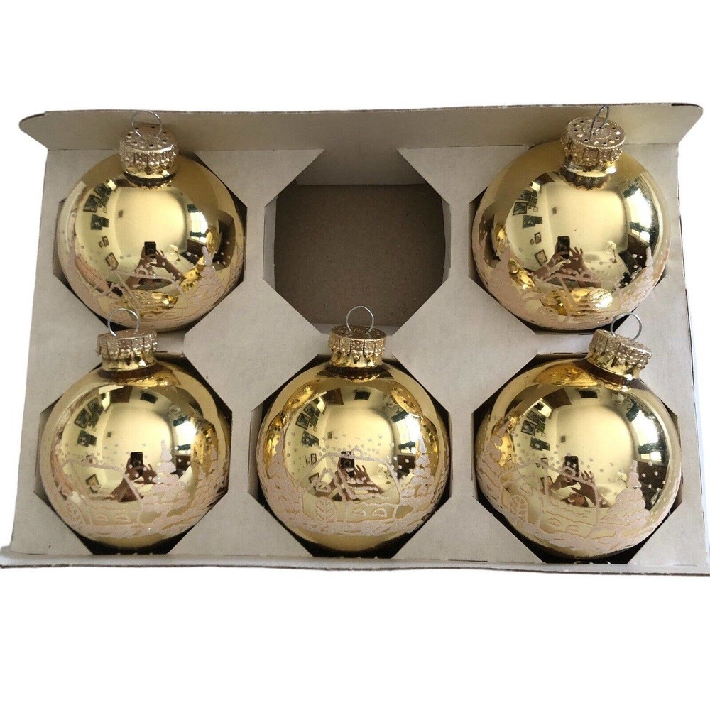 Set Of 5 Vintage Gold 3" Krebs Glass Tree Ornament Stencil Snow Scene Glitter
